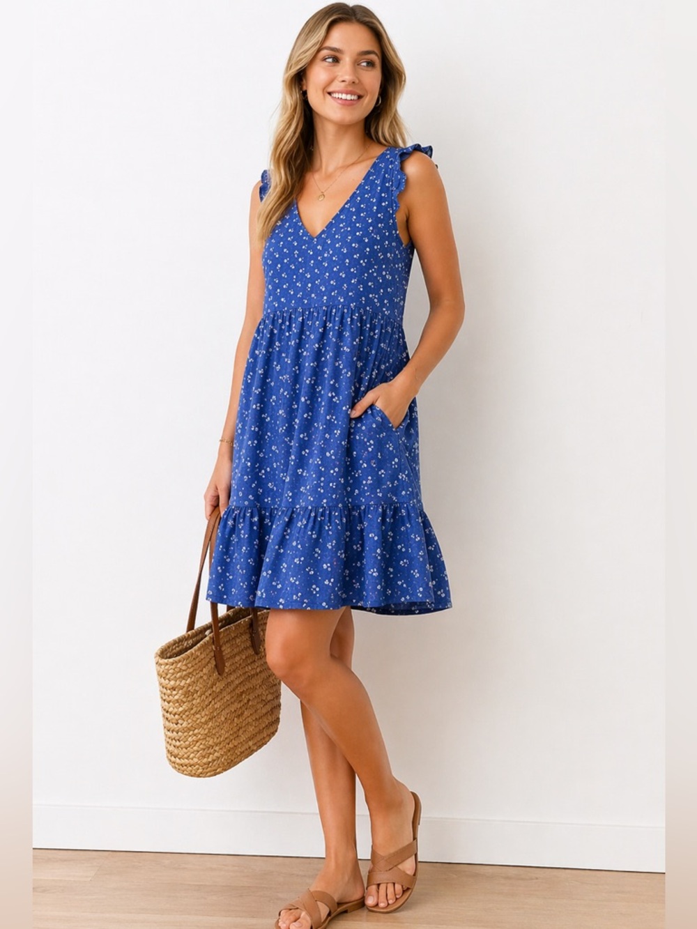 UpWest Linen Blend Floral V Neck Dress with Pockets Size XS